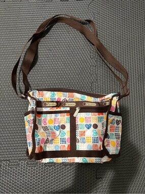 Lesportsac Multicolor Geometric Print Shoulder Bag with Brown Trim